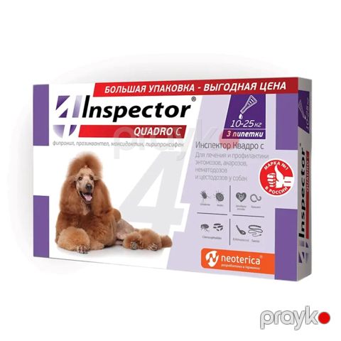 İtlər üçün damcılar Inspector Quadro С, 10-25 kq, birə, gənə və qurdlar əleyhinə, 3 pipet — Bakı