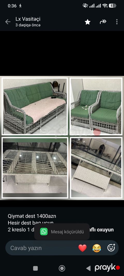 Qiymət dest 1400azn Hesir dest bag ucun. 2 kreslo 1 divan ve masa — Bakı