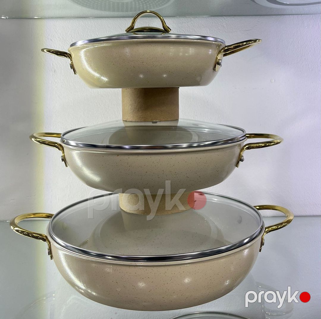 Tava dəsti, 3-lü, granit, yanmaz yapışmaz, qalınlıq 3,5 mm, perçimli gold çelik qulplu, sobada istifadəyə yararlı, krem rəng, ölçülər: 20/24/28 sm - ZTW-AB353 — Mallar, Bakı (2)