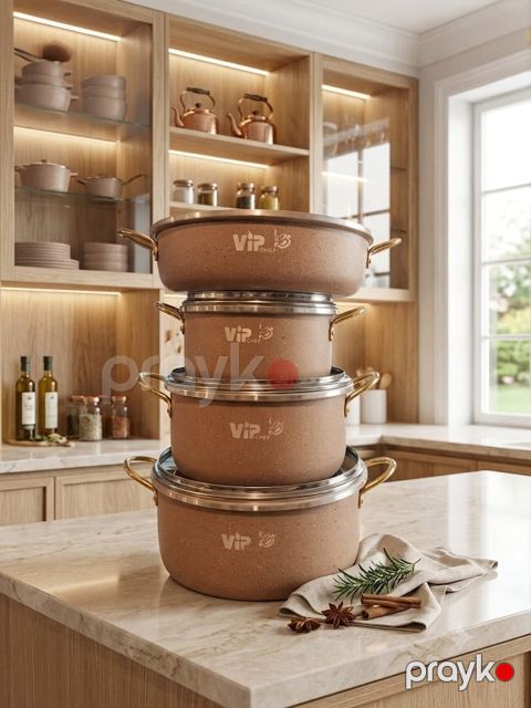 Qab-qacaq dəsti VİP Chef 030966_RB bej, paslanmayan polad, qazan 20/24/28 sm, tava 28 sm — Bakı
