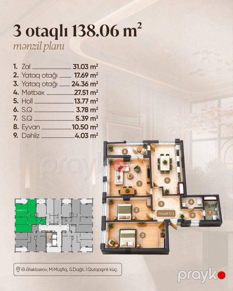 Satılır 3 otaqlı yeni tikili 138.6 m² — Mənzil, Bakı (2)