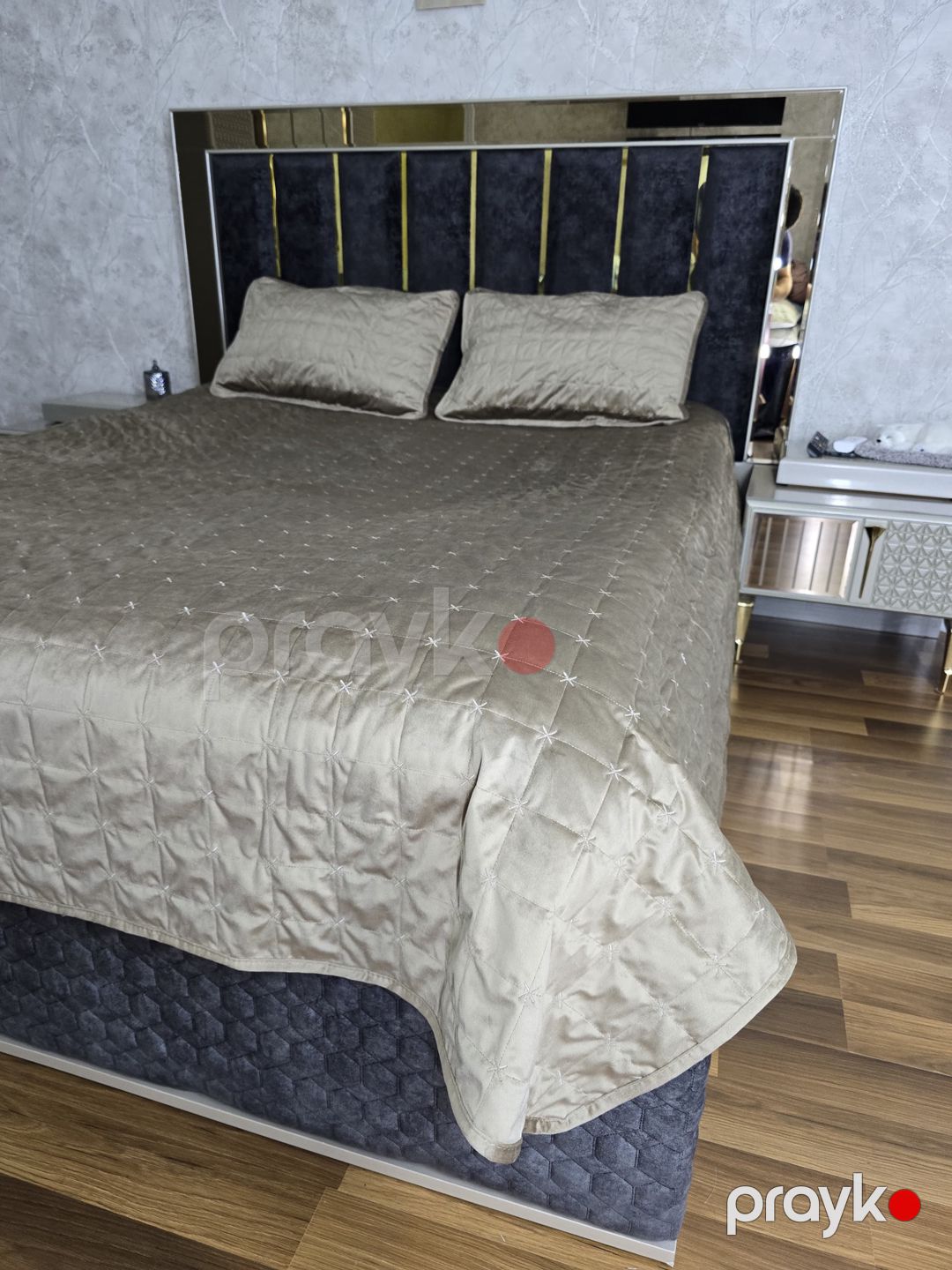 Örtük və yastıq üzü dəsti 6721, ikinəfərlik, velür/satin, örtük 220x240 sm, yastıq üzü 50x70 sm 2 əd, qızılı — Mallar, Bakı (2)