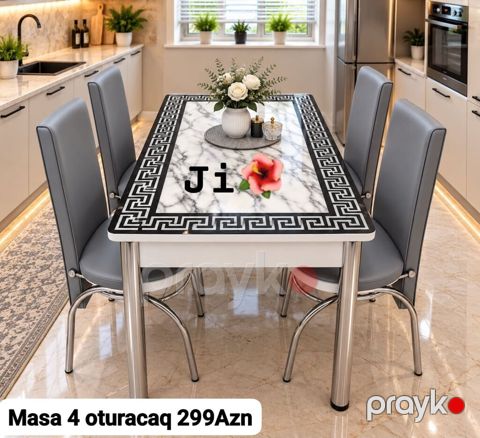 Mətbəx üçün dəst: masa + 4 ədəd oturacaq - Masa üstü mərmər naxışlı — Digah