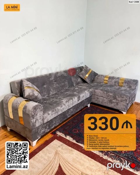 Künc divan - Ölçülər: 260 160 sm - Mexanizm: açılan, bazalı (yataq — Bakı