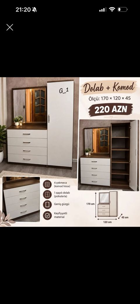 Dolab + Komod dəsti (G_1) Ölçü: 170 120 45 sm Qiymət: 220 AZN — Bakı