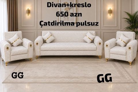 Divan + kreslo dəsti - Rəng: açıq bej, qızılı detallarla - Komplekt — mebeldivansifarisle — Комплекты мягкой мебели