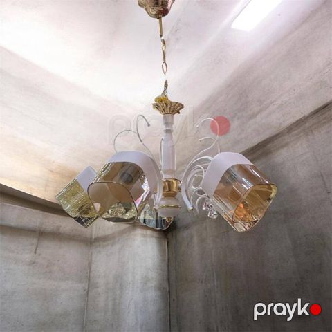 Tavan və asma çıraq, dəmir-keramika arxa hissəli, 5 lampalı, ağ rəng, şəffaf krem plafon, 220 V, işıqlandırma məsafəsi 10-18 kv.m, eni 55 sm, uzunluğu 60 sm, yataq və mətbəx otağı üçün - MBL-0925-5-5456 — Bakı