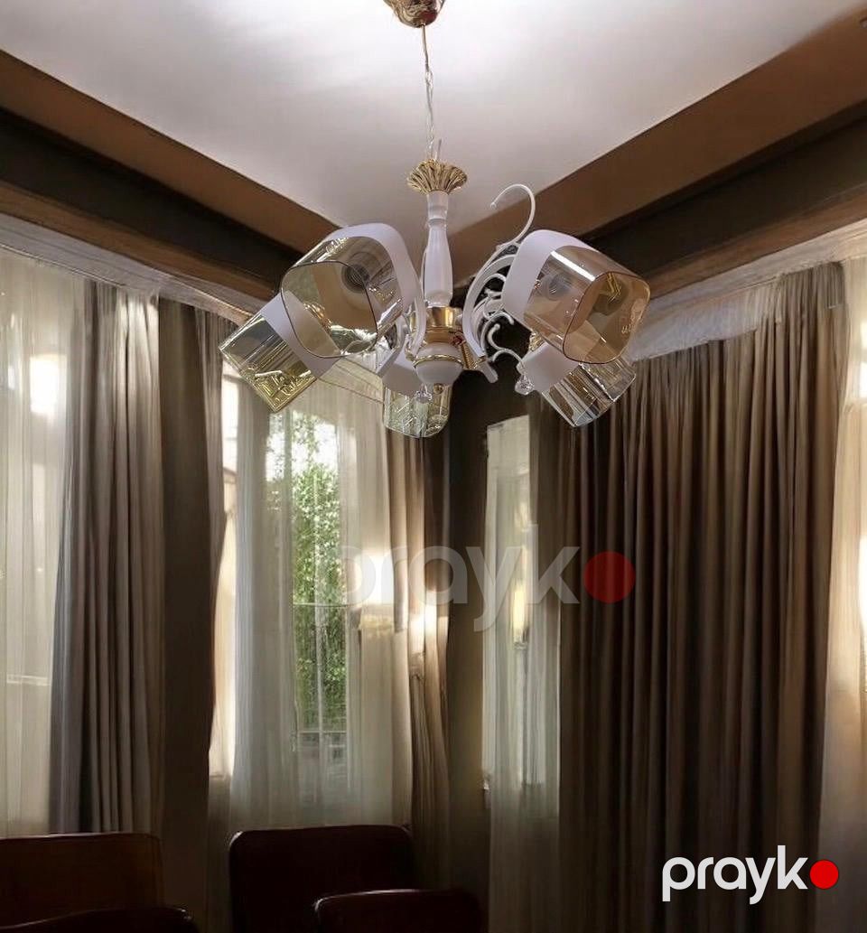 Tavan və asma çıraq, dəmir-keramika arxa hissəli, 5 lampalı, ağ rəng, şəffaf krem plafon, 220 V, işıqlandırma məsafəsi 10-18 kv.m, eni 55 sm, uzunluğu 60 sm, yataq və mətbəx otağı üçün - MBL-0925-5-5456 — Mallar, Bakı (2)