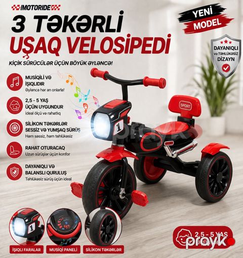 Uşaq üçün üçtəkərli velosiped Vip3Teker Sport Red Edition, musiqili və işıqlı, rahat oturacaqlı, qırmızı — Bakı