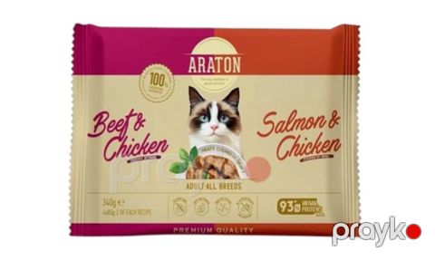 Araton Cats Set Adult All Breeds, beef and chicken, salmon and chicken, 485 g — Bakı