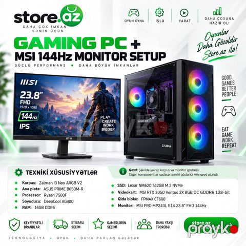 Gaming PC + MSI 144Hz Monitor Setup — Bakı