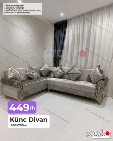 Künc Divan – 280×200 sm - Mekanizm: Açılan, bazalı (yataq funksiyası — Bakı