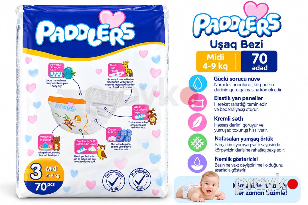 Uşaq bezləri Paddlers Jumbo ölçü 3 Midi, 4–9 kq, 70 əd — Mallar, Bakı