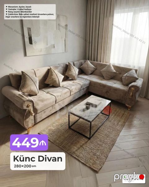 Künc divan – 280×200 sm Mexanizm: açılan, bazalı Yastıqlar: 6 — Bakı