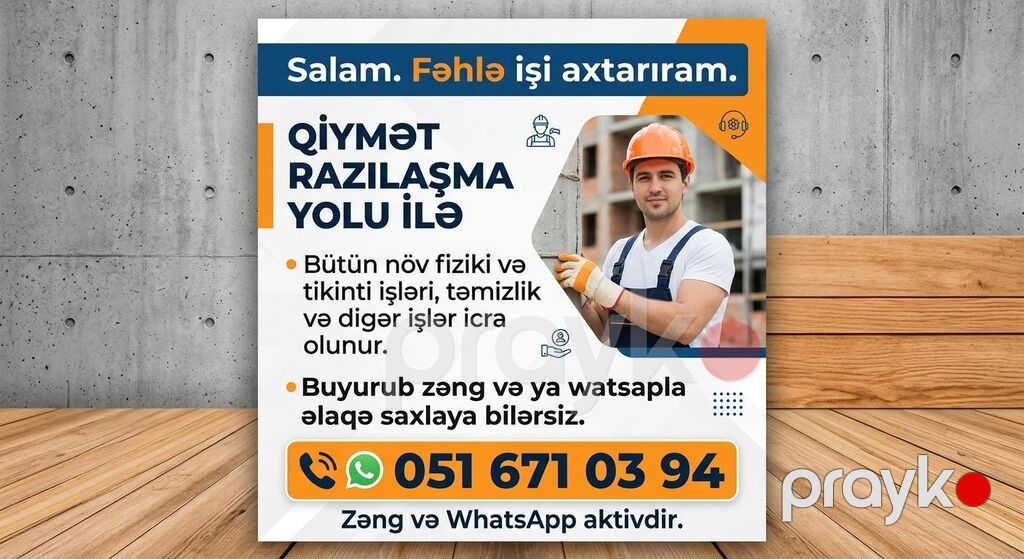 Fəhlə, 5 ildən artıq təcrübə, Saatlıq, Gündəlik, İşəmuzd ödəniş — İnşaatçılıq və təmir, Masazır (2)