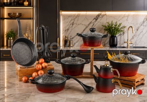 Qab-qacaq dəsti Özlife 8002, qranit, qara/qırmızı, 11 parça — Bakı