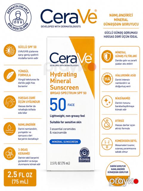 Günəşdən qoruyucu krem CeraVe Hydrating Mineral Sunscreen SPF50, 75 ml, TORY-001510 — Bakı