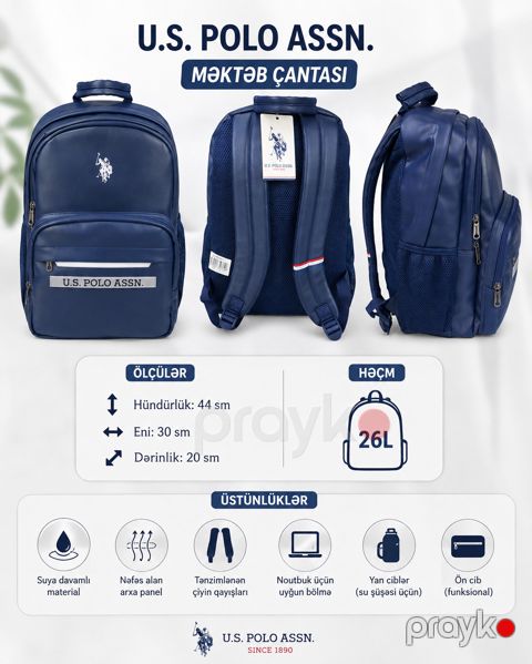 Məktəbli çantası U.S. Polo Assn, polyester, tünd göy, 26 l — Bakı
