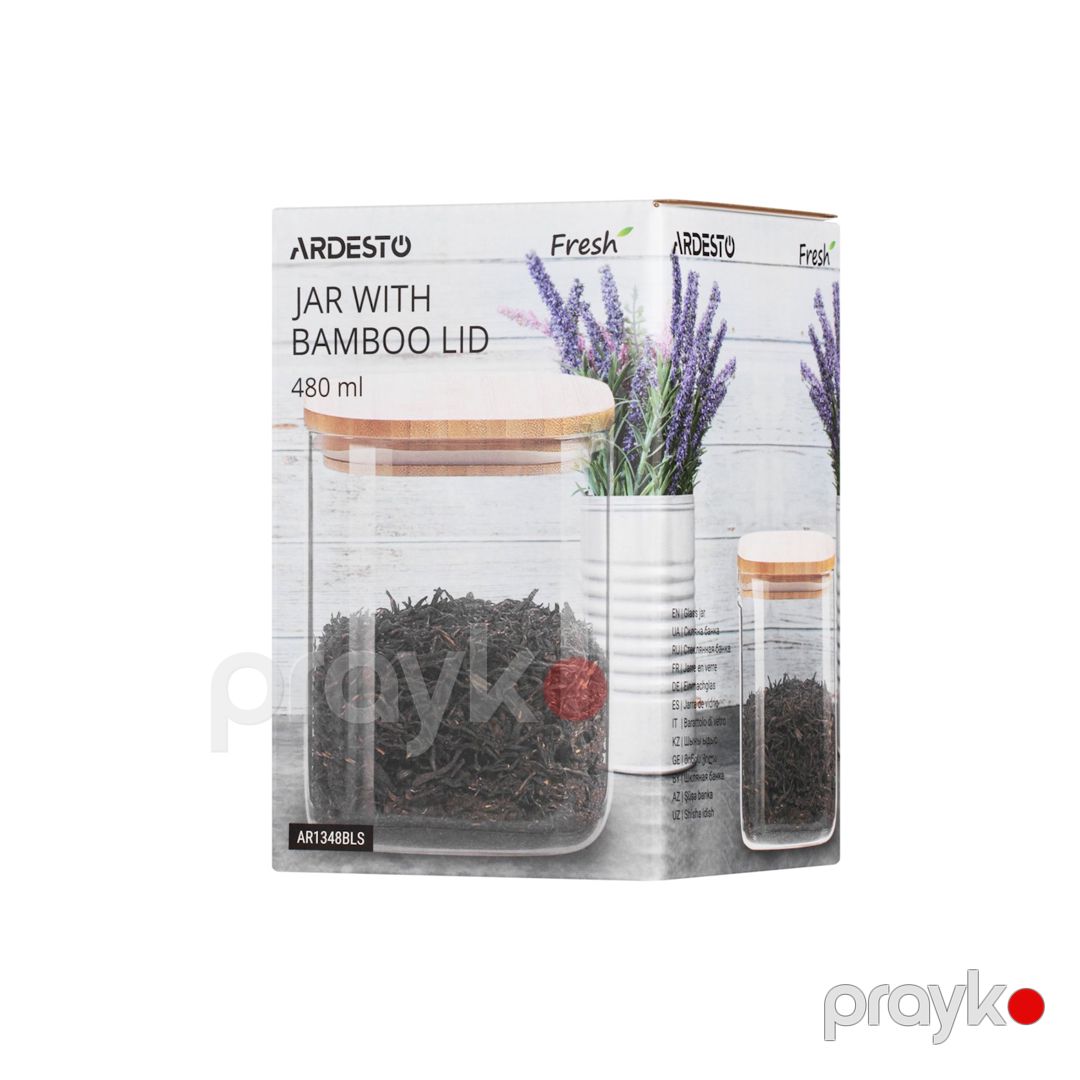 Saxlama bankası Ardesto Fresh AR1348BLS, 480 ml, şüşə/bambuk, şəffaf, kvadrat — Mallar, Bakı (2)