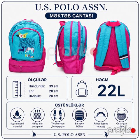 Məktəb çantası U.S. Polo Assn.,rəngbərəng, 22 l — Bakı