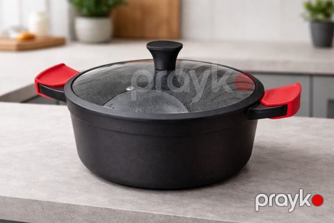 Qazan Rashel 952983_RB, döküm alüminium, qranit örtük, silikon tutacaqlı, qapaqlı, qara/qırmızı, 24 sm — Bakı