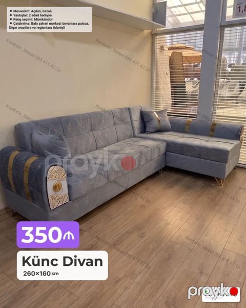 Künc divan – 260×160 sm - Açılan, bazalı mexanizm: rahat yatacaq — Bakı
