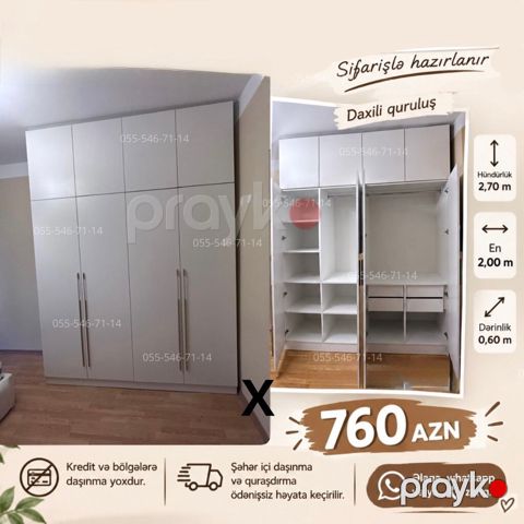 Düz dolab, Paltar üçün, Açılan, Quraşdırıla bilən, 6 qapı — Bakı