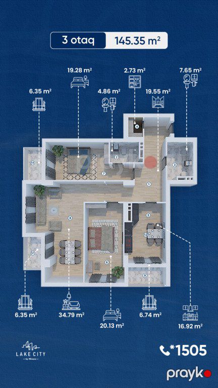 Satılır 3 otaqlı yeni tikili 145.3 m² — Mənzil, Bakı (10)