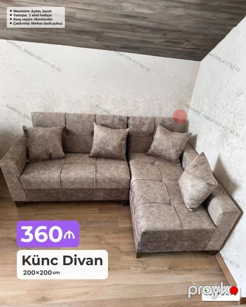 Künc divan – 200×200 sm - Mexanizm: açılan, bazalı (yatan yerə — Bakı