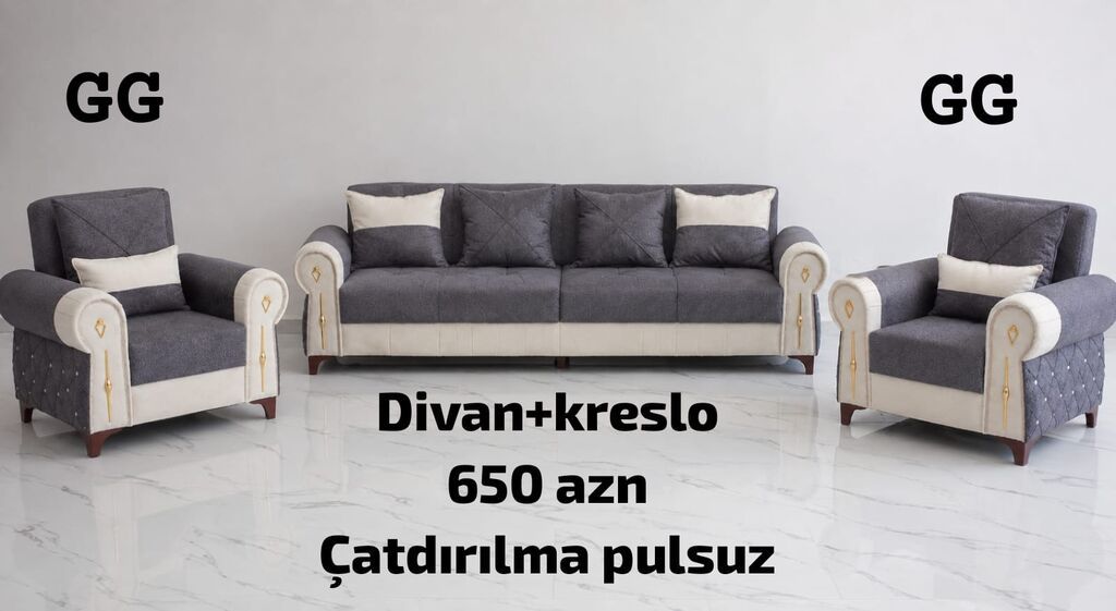 Divan + kreslo dəsti - Tərkib: 1 divan və 2 kreslo - Rəng: tünd boz + — Yumşaq mobilya dəstləri, Bakı