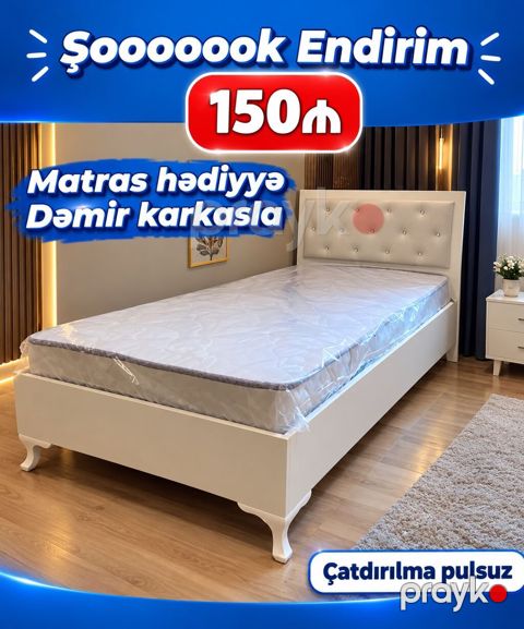 Möhkəm dəmir karkaslı tək nəfərlik çarpayı. - Rəng: ağ - Başlıqda — Bakı