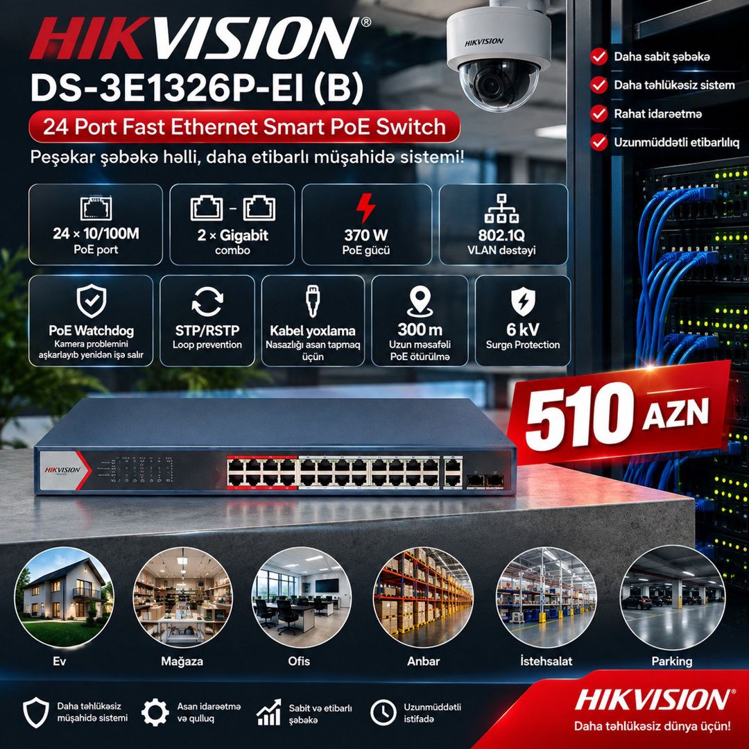 Hikvision DS-3E1326P-EI(B) 24 Port PoE Switch 370W — Ağıllı ev və təhlükəsizlik, Bakı