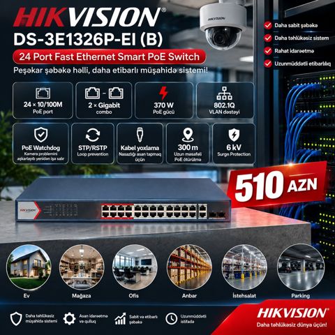 Hikvision DS-3E1326P-EI(B) 24 Port PoE Switch 370W — Bakı