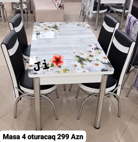Şüşəüstü yemək masası və 4 ədəd oturacaq dəsti. - Masa üstü: ağ taxta — Digah