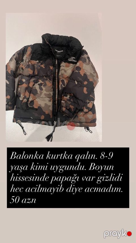 Uşaq üçün qalın balonka kurtka. 8-9 yaşa uyğundur. Boyun hissəsində — Bakı