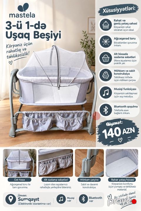 Mastela 3-ü 1-də Uşaq Beşiyi - Rahat və geniş yataq sahəsi: körpənin — Sumqayıt