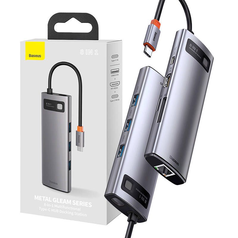 Baseus 8-in-1 USB C Hub Dok Metal Gleam Series 8-in-1 Type-C Gray RJ-45 SD C Adapter — Telefonlar və qadjetlər, Bakı (2)