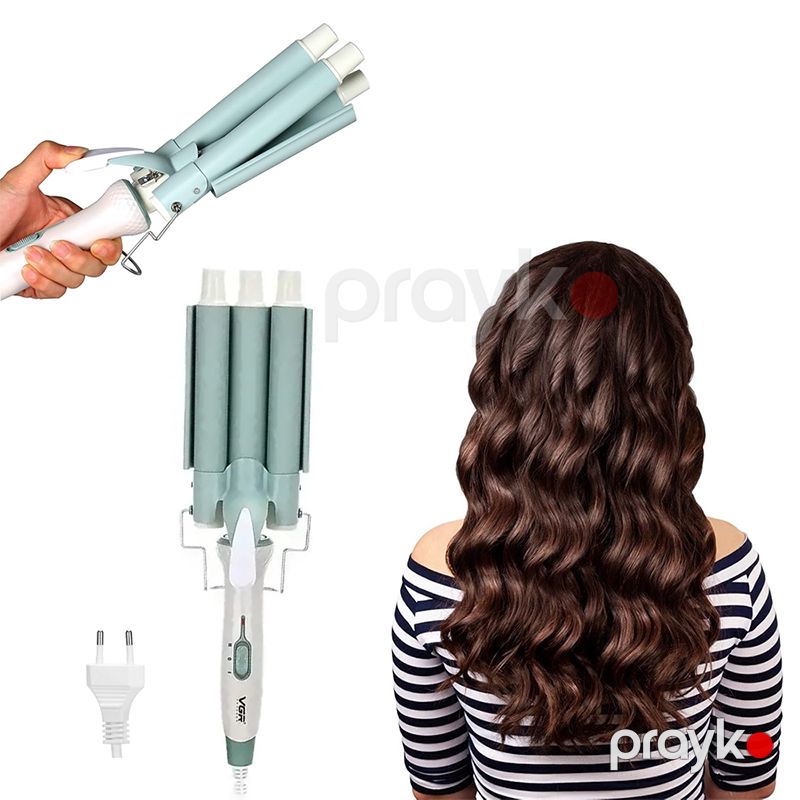 VGR Professional 3 Barrel Keramika Örtüklü Buruq Feni V-595 Saçların Qıvrılması Üçün Üç Dalğalı Buruq Fen Firuzəyi Rəng 220°C — Fən, Bakı (2)