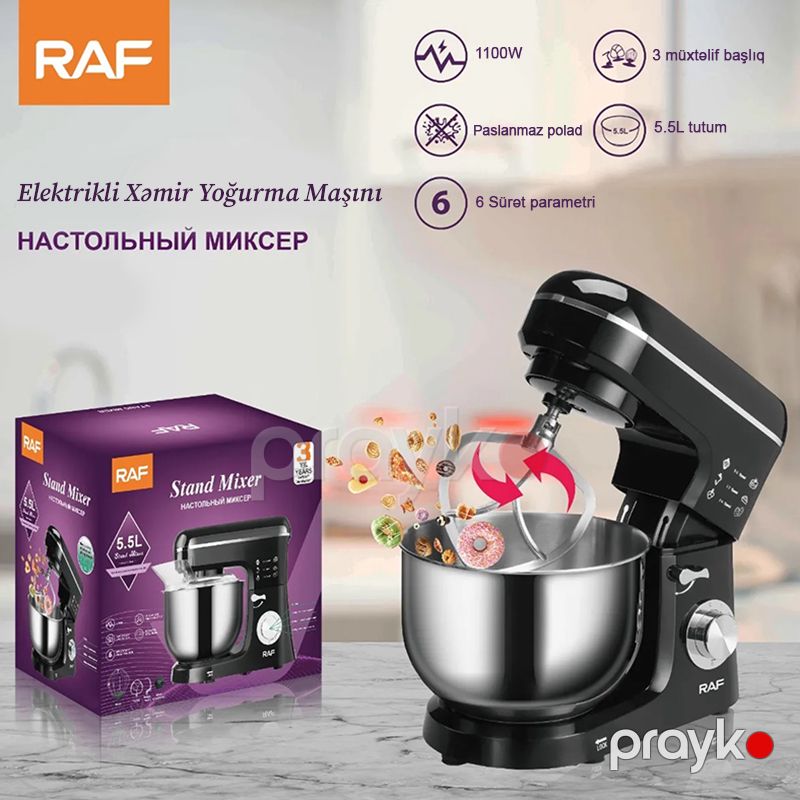6 Sürət Səviyyəli Elektrikli Xəmir RAF Yoğurma Maşını 1100W Gücə Məxsus Böyük Tutumlu Polad Xəmir Mikseri 5.5L — Blenderlər, xırdalayanlar və mikserlər, Bakı (8)