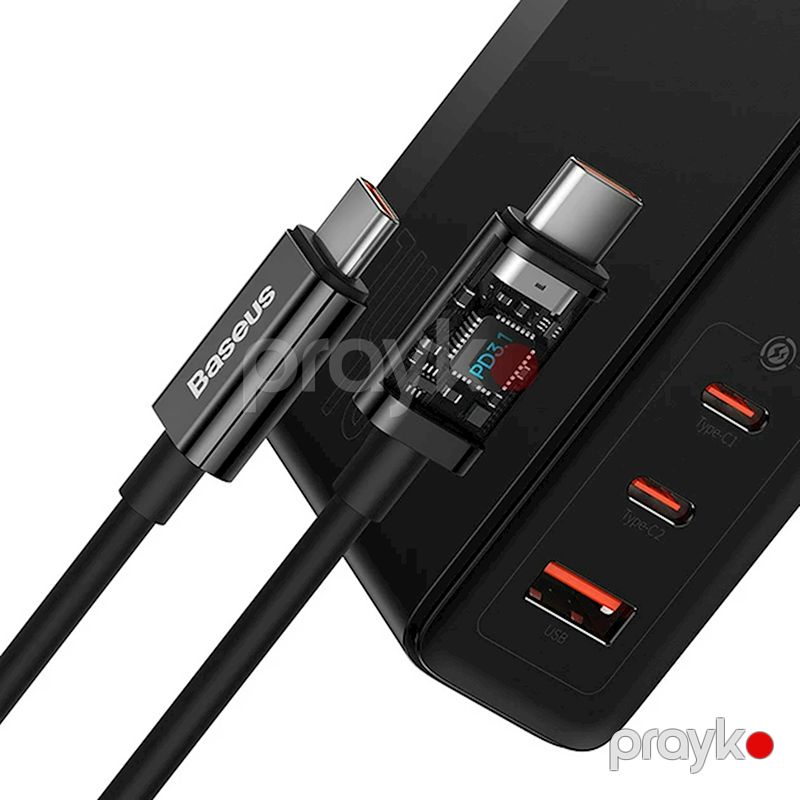 Baseus GaN5 Pro 3 Portlu USB C Sürətli Şarj Cihazı 140W Üstün Seriya Qara və Type-C Kabeli — Elektronika, Bakı (5)