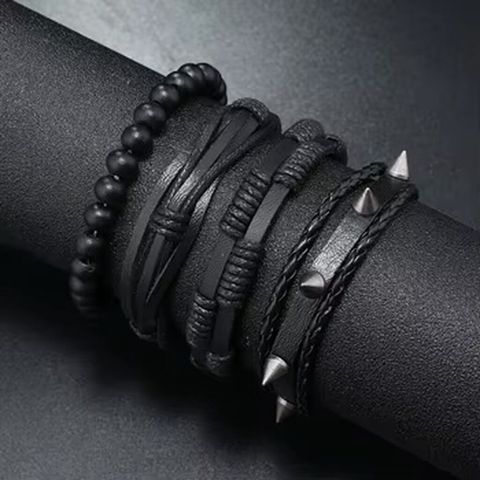Qara çoxqatlı kişi bilərzik seti - Stil: rok/pank ilhamlı, minimal və — Bakı