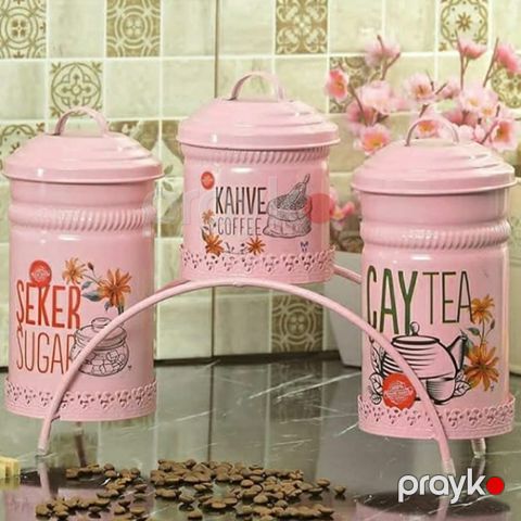 Dekorativ Çay, Şəkər və Qəhvə Saxlama Qabı Dəsti, Metal, Çəhrayı, Qara, Ağ, Qırmızı — Bakı