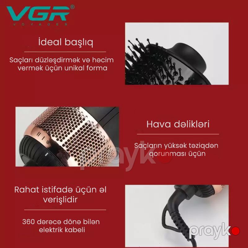 VGR Keyfiyyətli 3-ü 1 Arada Saç Qurutma Feni Professional Fırça Daraq Saç Düzləşdirici Fen VGR v-492 — Fən, Bakı (3)