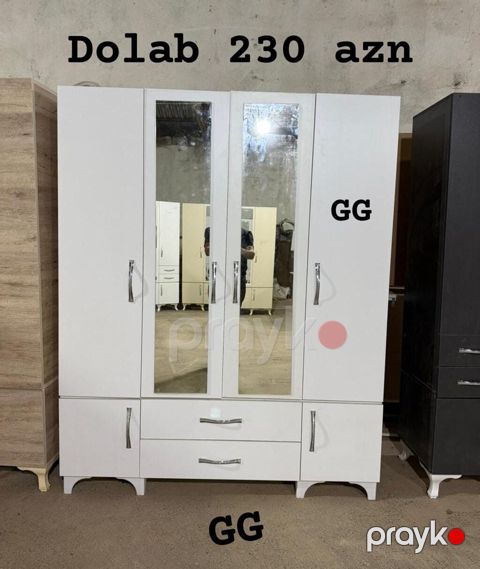 Ağ rəngli çoxfunksiyalı paltar dolabı. - Ön paneldə 2 böyük güzgü — Bakı