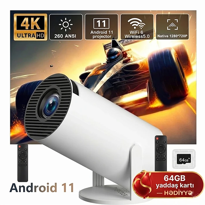 Techvıda HY300 PRO Smart Portativ 4K Mini Proyektor — Eviniz üçün Mükəmməl Kinoteatr Təcrübəsi + 64GB yaddaş kartı Hədiyyə — Bakı