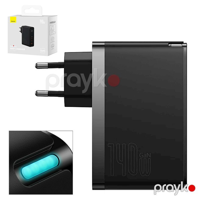 Baseus GaN5 Pro 3 Portlu USB C Sürətli Şarj Cihazı 140W Üstün Seriya Qara və Type-C Kabeli — Elektronika, Bakı (6)