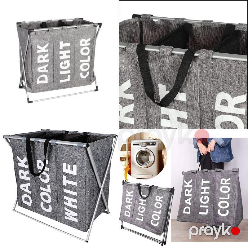 Camaşırxana və Çirkli Paltar Səbəti - 3 bölməli Qatlanan Camaşırxana Səbəti Polyester Rengli Geyim Səbəti — Mallar, Bakı (4)