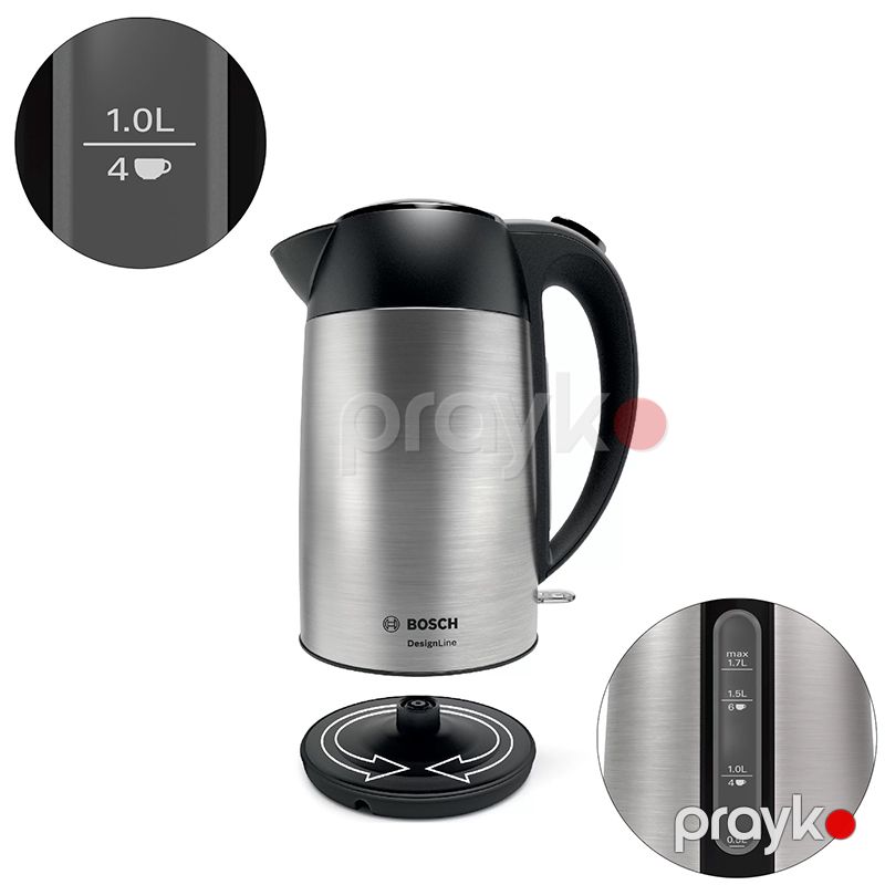 Bosch DesignLine TWK3P420GB Paslanmayan Polad Simsiz Çaydan 1.7L Çaydan Bosch 3000W gücündə Peşəkar Bosch — Elektrik çaydanları və termoslar, Bakı (3)