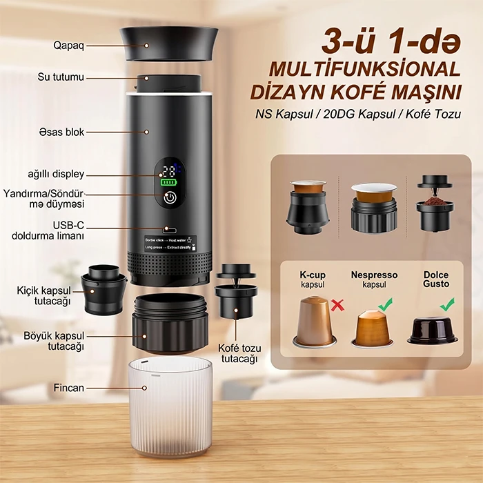 Portativ Zordin 3-ü 1-də Kofe Maşını: Hər yerdə mükəmməl Espresso və Lunqo — Mallar, Bakı (3)
