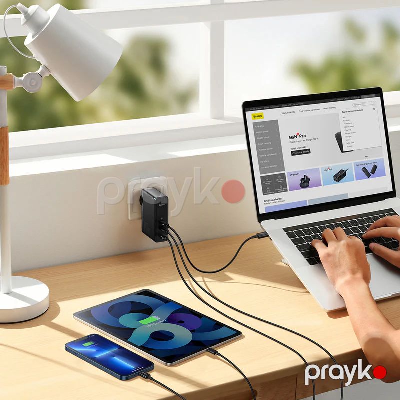 Baseus GaN5 Pro 3 Portlu USB C Sürətli Şarj Cihazı 140W Üstün Seriya Qara və Type-C Kabeli — Elektronika, Bakı (2)